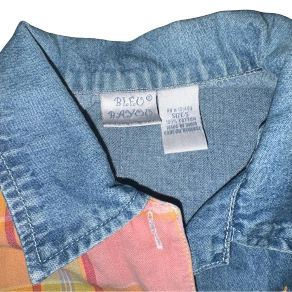 Vtg Bleu Bayou Denim patchwork blazer Embroidered floral‎ art  boho Size small